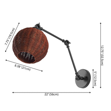 Lyla 22" 1-Light Mid-Century Vintage Rattan Globe Swing Arm LED Sconce - JONATHAN Y